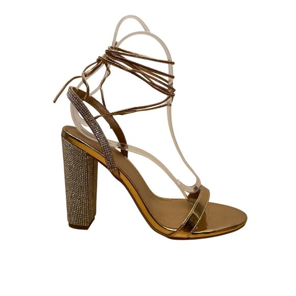 Asos Shoes Women’s Gold Metallic Rhinestone With Wrap-Around Lace-Up Heels Sz 8 - Picture 1 of 8